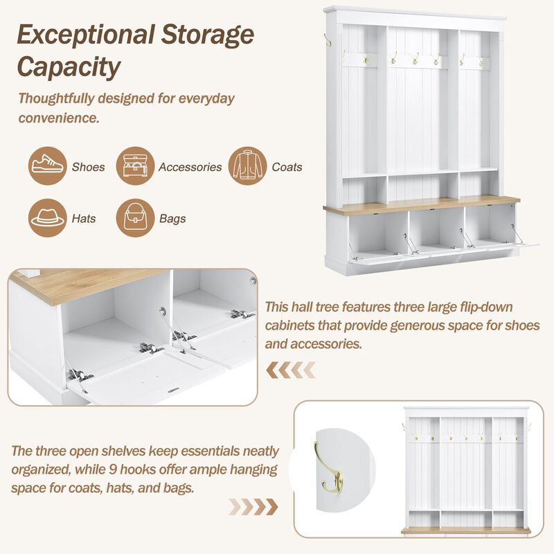 Clihome APP Controlled LED Light Hall Tree Storage Bench with Hooks and 3 Large Cabinets for Hallway image number 2