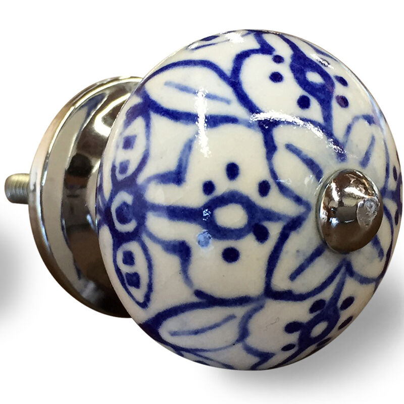 HomeRoots Set of Eight Blue And White Ceramic And Metal Drawer Pull Knobs image number 2