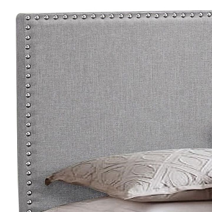 Shirin King Size Bed, Wood, Nailhead Trim, Upholstered Headboard, Gray - Benzara