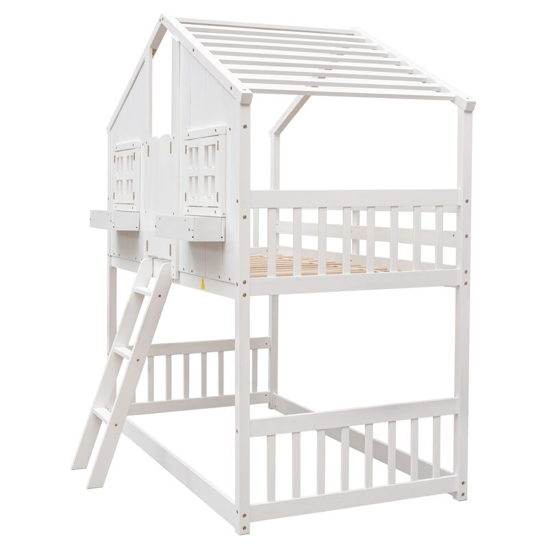Whisen Twin over Twin House Bunk Bed with Roof, Window, Window Box, Door, with Safety Guardrails and Ladder - White