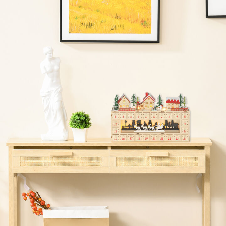 HOMCOM Advent Calendar with 24 Drawers Countdown to Christmas, Lighted Wood-Effect Advent Calendar, Battery Operated for Holiday Decoration