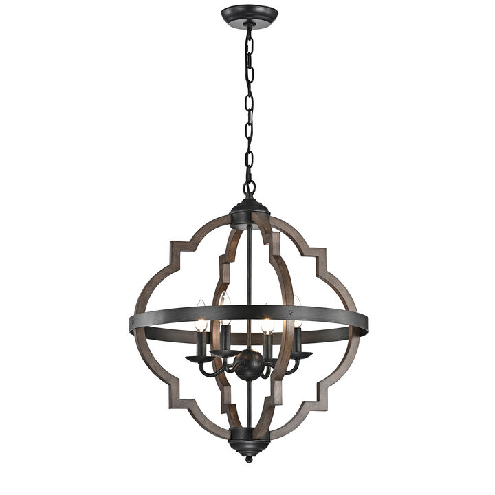 Belinda 4-light Antique Black Metal and Brown Natural Wood Chandelier