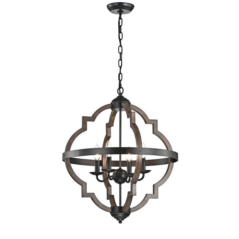 Belinda 4-light Antique Black Metal and Brown Natural Wood Chandelier image number 0