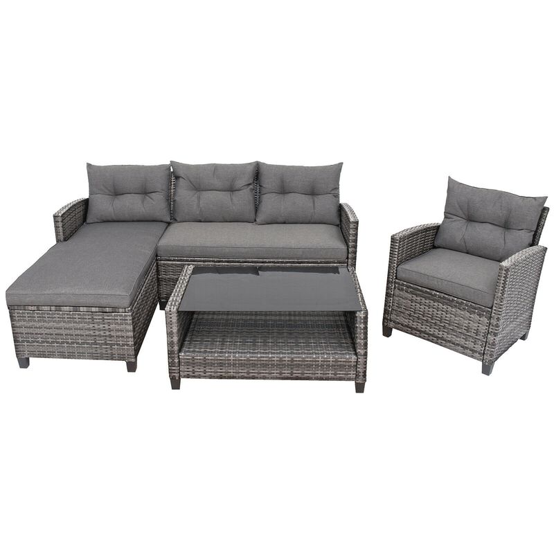 4 Pieces Patio Rattan Sofa Furniture Set with Cushion and 2-Tier Coffee Table image number 3