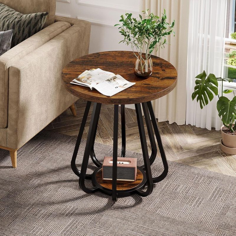 2-Tier Small Side Table, Sofa End Table with Metal Frame for Small Spaces-Vintage Brown image number 5