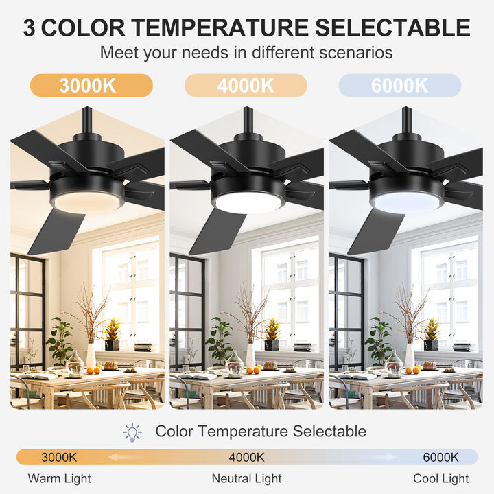 Breezary 52 Inch LED Ceiling Fan with Light, Tuya WiFi App Control, Dimmable 3CCT, 5 Blade Quiet Ceiling Fan