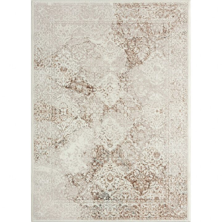 7 X 9 Beige cream And Brown Damask Stain Resistant Area Rug