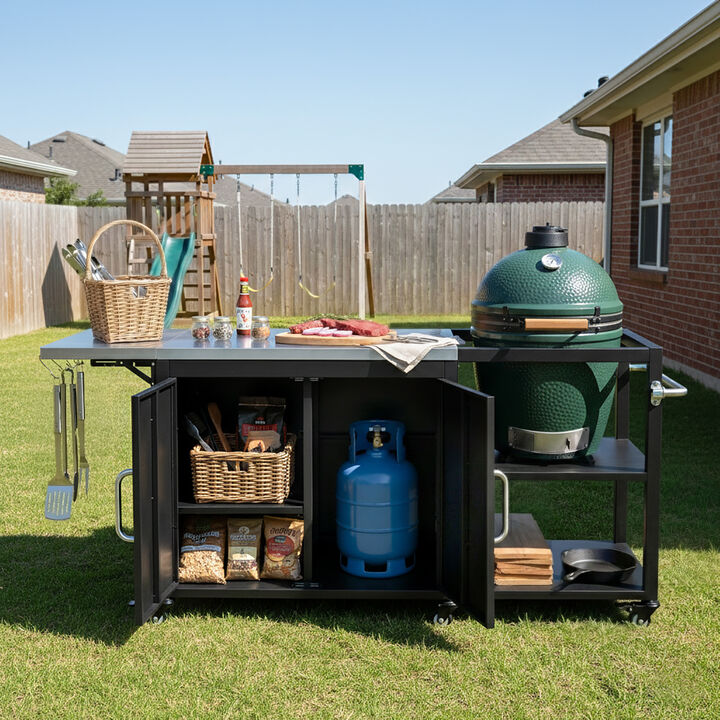 Whisen 76.6" Outdoor Grill Cart with Storage & Foldable Side Table, Stainless Steel & Metal, for Large Grills & Outdoor BBQ