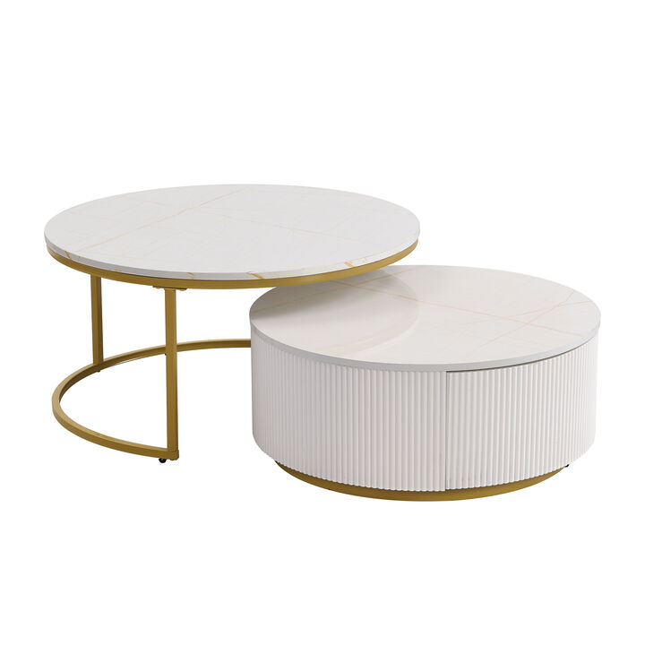 Merax Modern Round Nesting Coffee Table Fluted with Drawer