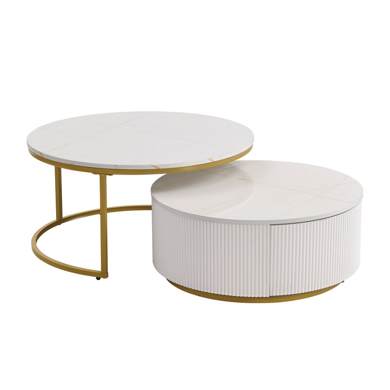 Merax Modern Round Nesting Coffee Table Fluted with Drawer image number 0
