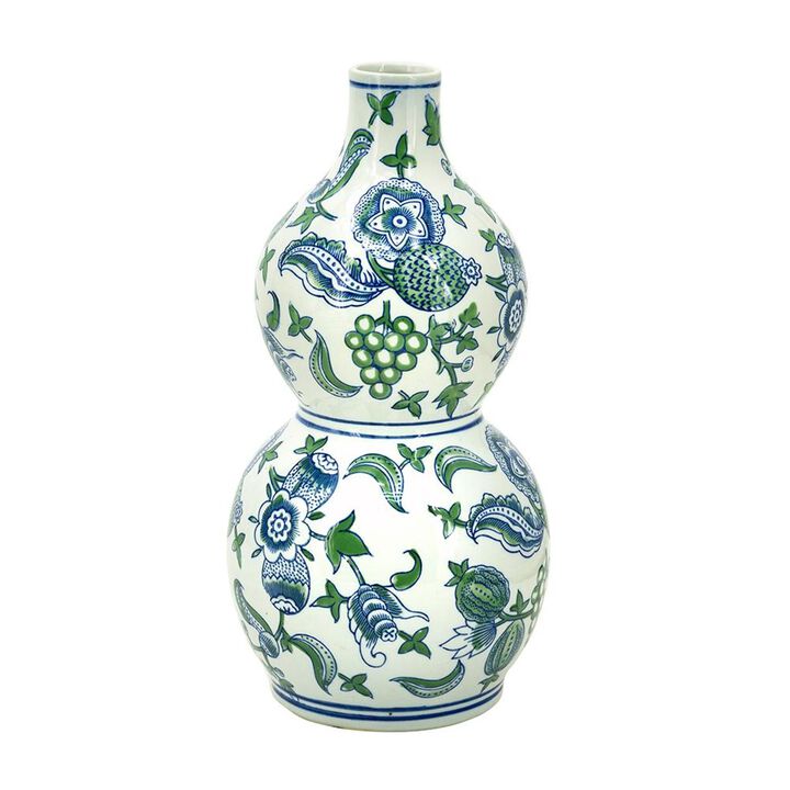 HomeRoots 13" White Blue And Green Chinoiserie Porcelain Wavy Gourd Table Vase