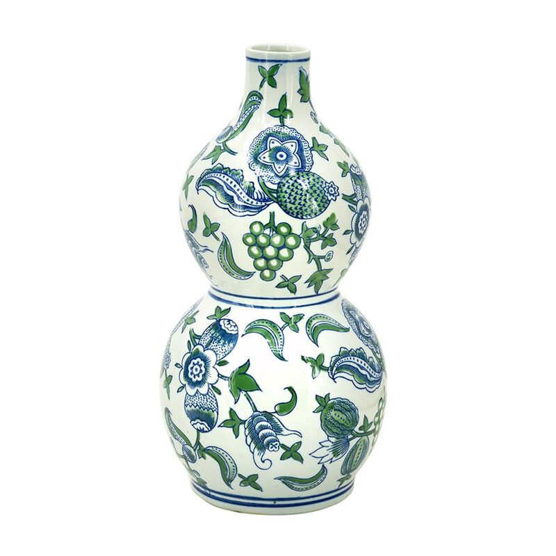 HomeRoots 13" White Blue And Green Chinoiserie Porcelain Wavy Gourd Table Vase image number 0