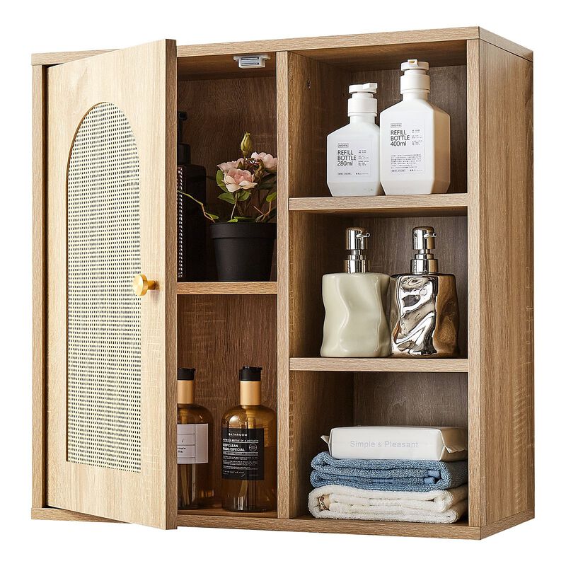 Wall Mounted Bathroom Cabinet with Door, Adjustable Shelves and Storage Organizer-Brown image number 3