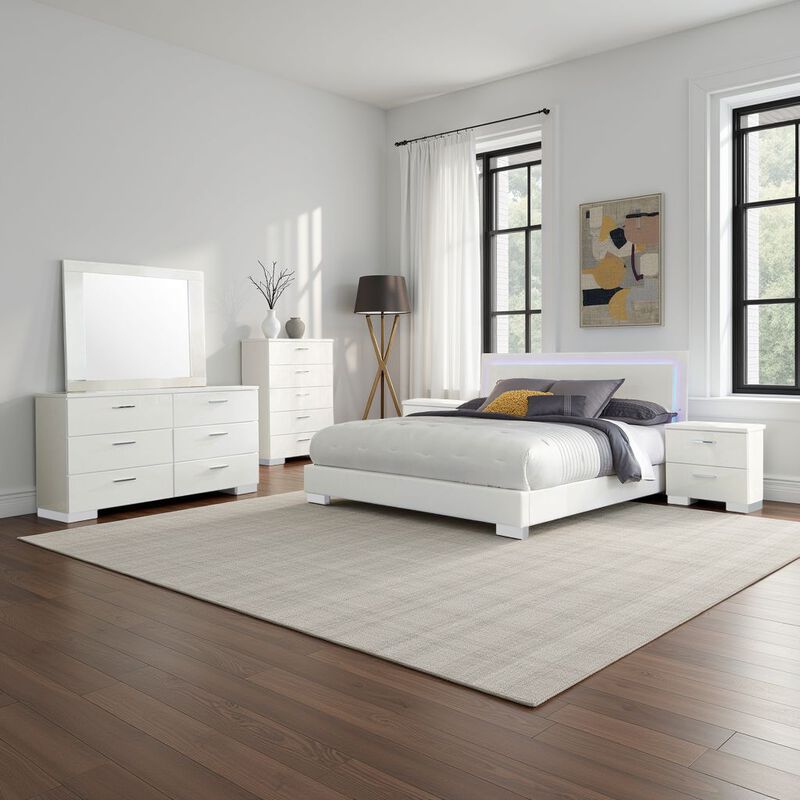 Sok 6pc King Bedroom Set, Faux Leather Upholstery, High Gloss White