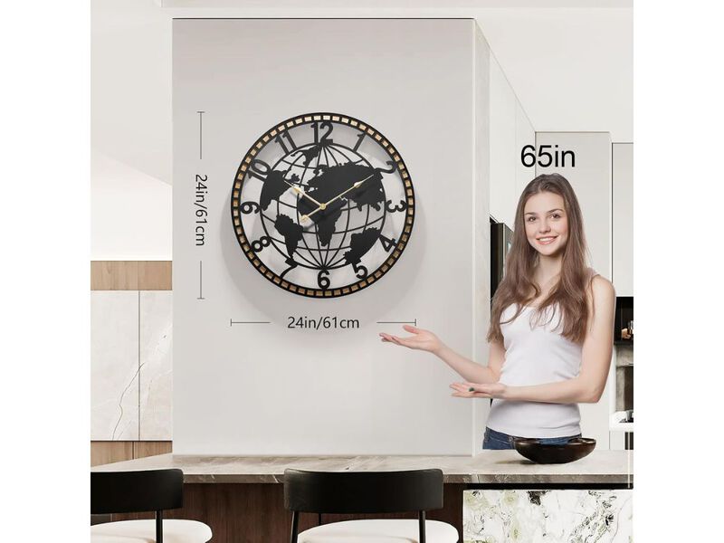 World Map Wall Clock 24 Inch Metal Silent Non Ticking Battery Decorative image number 2
