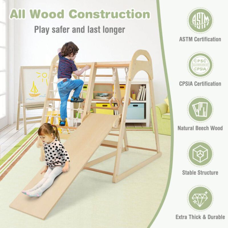 Hivvago 6-in-1 Wooden Kids Jungle Gym Playset with Slide Climbing Net