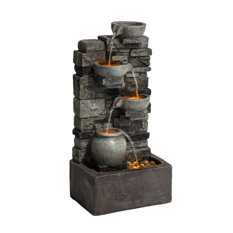 Outdoor 4-Tier Cascading Water Fountain with LED Lights, Gray image number 3