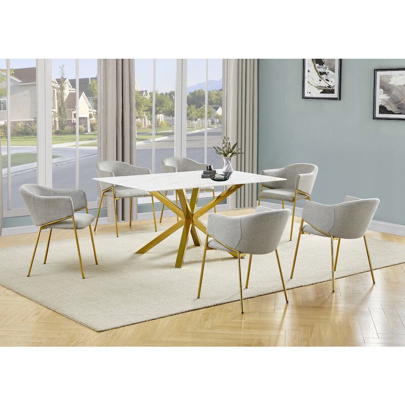 Best Quality Furniture 7Pc Rectangle Marble Wrap Tempered Glass Dining Table 6 Linen Gray Side Chairs
