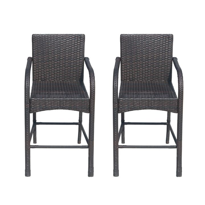 Outdoor Barstool Chair Set of 2, Gray Woven Faux Rattan, Iron Frame - Benzara