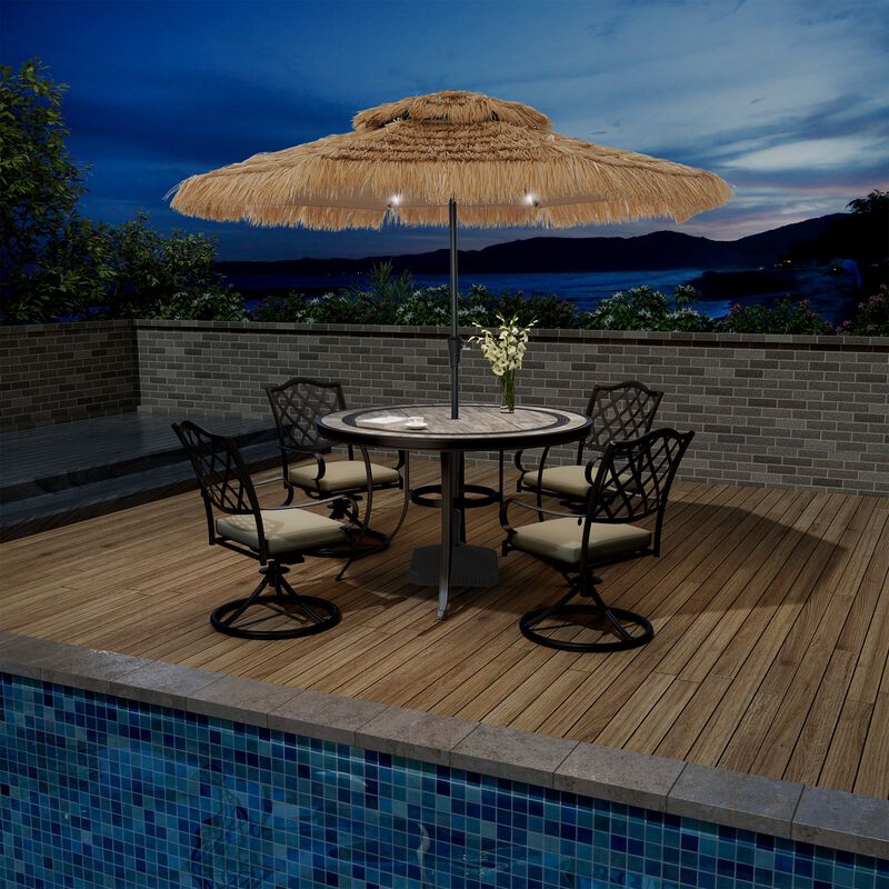 Mondawe 10 ft Hawaiian Crank Design 2 Tier Straw Patio Umbrella with LED Light & Square Based