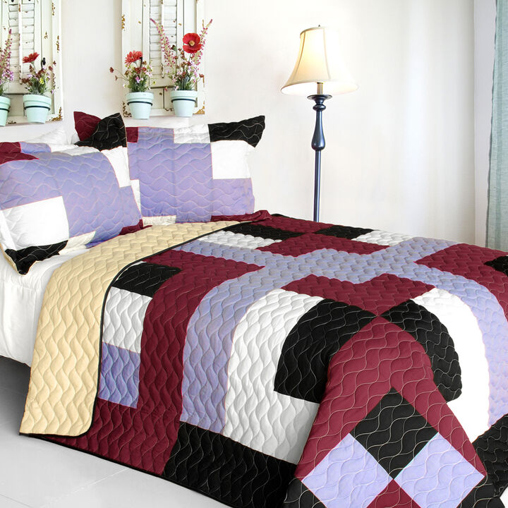 3 Piece Queen Size Patchwork Quilt Set with Vermicelli Quilting, Machine Washable-Multicolor