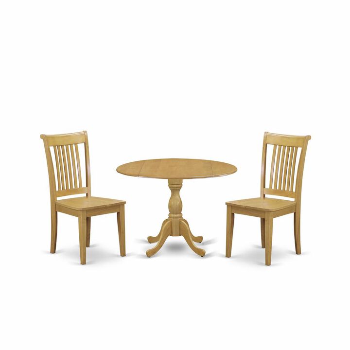 East West Furniture DMPO3-OAK-W 3 Piece Modern Dining Room Table Set - Oak Dining Room Table and 2 Oak Wooden Dining Chairs with Slatted Back - Oak Finish
