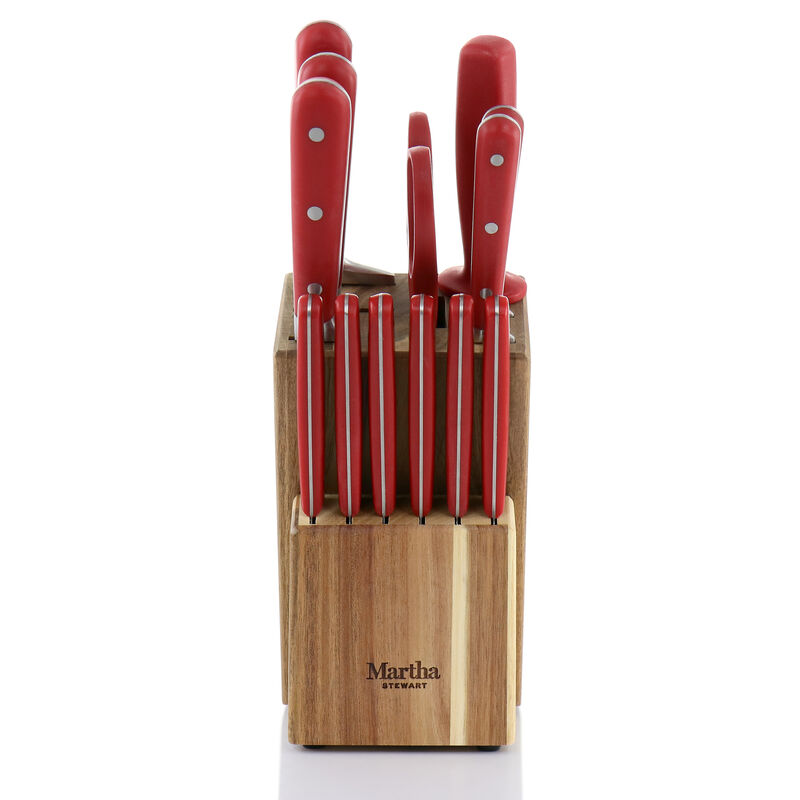 Martha Stewart 14 Piece Stainless Steel Cutlery Set in Red with Acacia Wood Storage Block