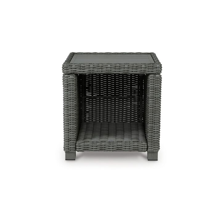 Ellie 23 Inch Outdoor End Table, Lower Shelf, Gray Resin Wicker, Metal - Benzara