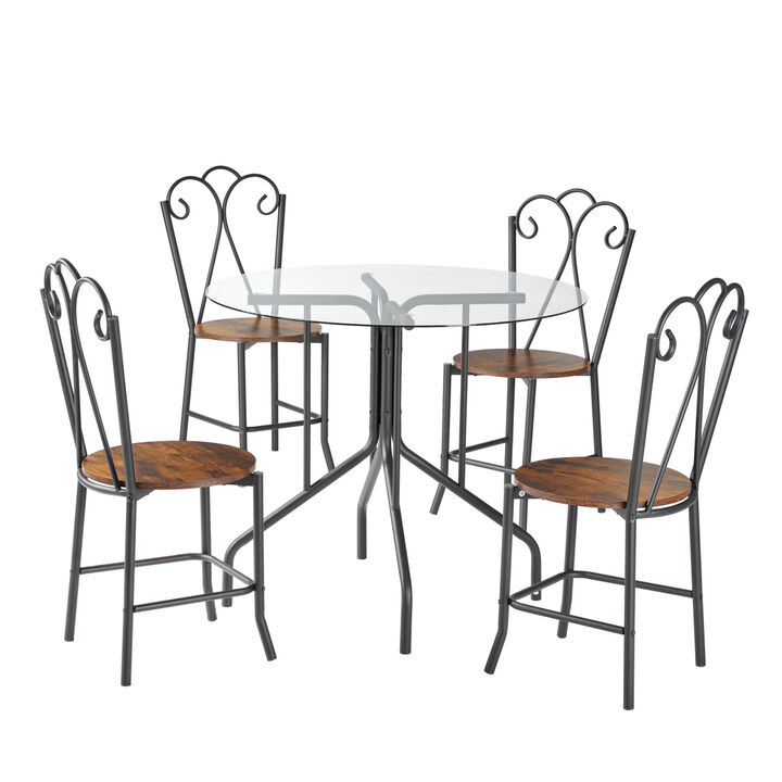 5Piece Tempered Glass Table w/ 4 Chairs, Modern Round Dining Table Furniture Set for Home, Kitchen, Dining Room, Dining Table and Chair