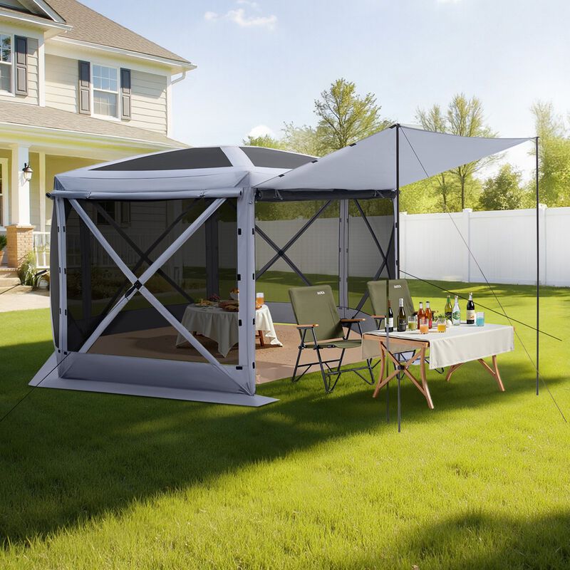 6-Sided Pop Up Screen Tent with Removable Canopy for 8-10 People-Grey image number 1