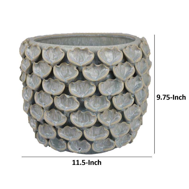 Decorative Textured Planter, Seashell Style 12 Inch Gray Ceramic Body