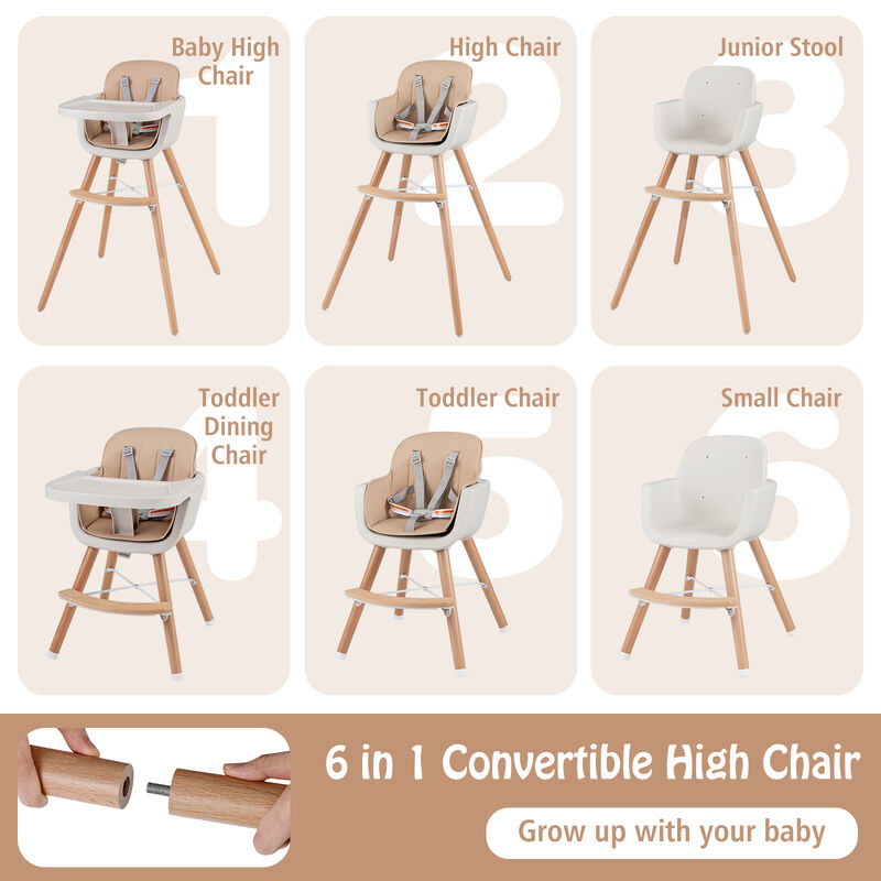 6 in 1 Baby Highchair with Adjustable Legs and Safety Harness, Wooden Convertible Seat image number 4