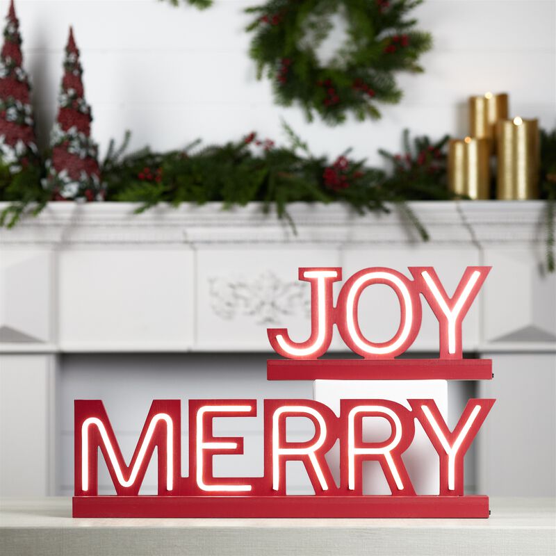 Light-Up Holiday Tabletop Signs Set of 2 with Joy and Merry Lettering