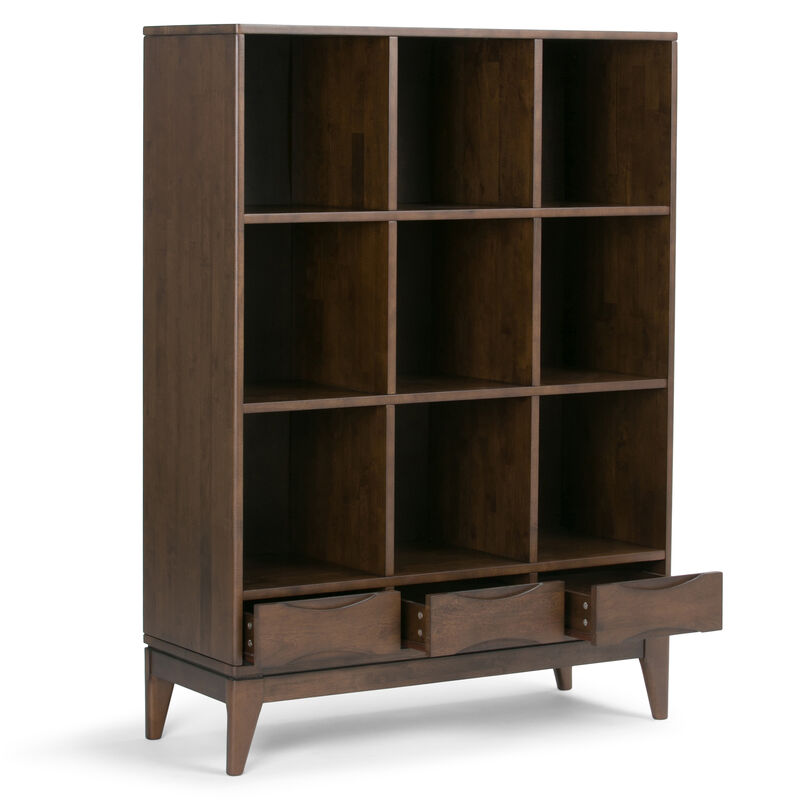 Harper SOLID HARDWOOD 58 inch x 42 inch Mid Century Modern Cube Storage Bookcase with Drawers in Walnut Brown