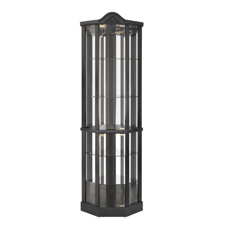 Glass Cabinet Lighted Corner Cabinet Corner Display Curio Cabinet, Glass Display With Light(Included)Bar Cabinet, Wine Cabinet with Adjustable Glass Shelves Carved Decoration