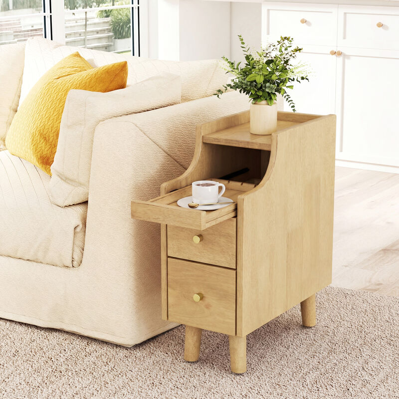 Solid Wood Narrow Nightstand with Pull-Out Tray and 2 Storage Drawers image number 1