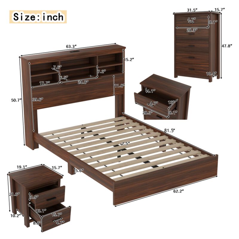 Bursir 4‑Piece Queen Bedroom Set Charging Station Storage Headboard image number 9