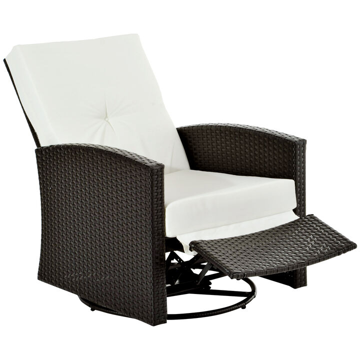 Outsunny Outdoor Wicker Swivel Recliner Chair, Reclining Backrest, Lifting Footrest, 360° Rotating Basic, Water Resistant Cushions for Patio, Cream White