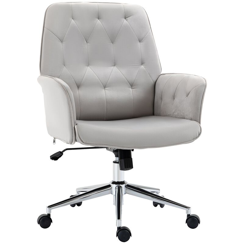 Light Grey Office Seat: Modern Mid-Back Tufted Linen Fabric Chair