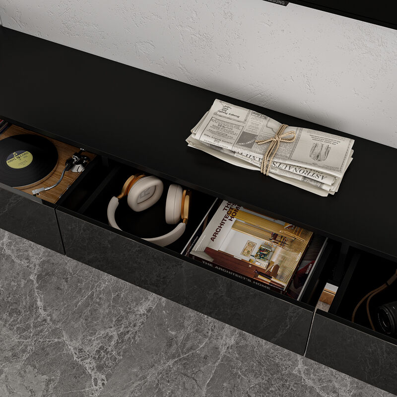 Black Mirror Finished TV Stand Wall-Mounted Entertainment Center Fits TV's up to 110.2 in. with 4 Drawers for Storage