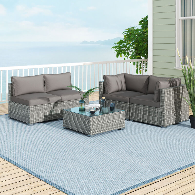 5-Piece Outdoor Patio Sectional Sofa Couch and Glass Coffee Table with Cushions