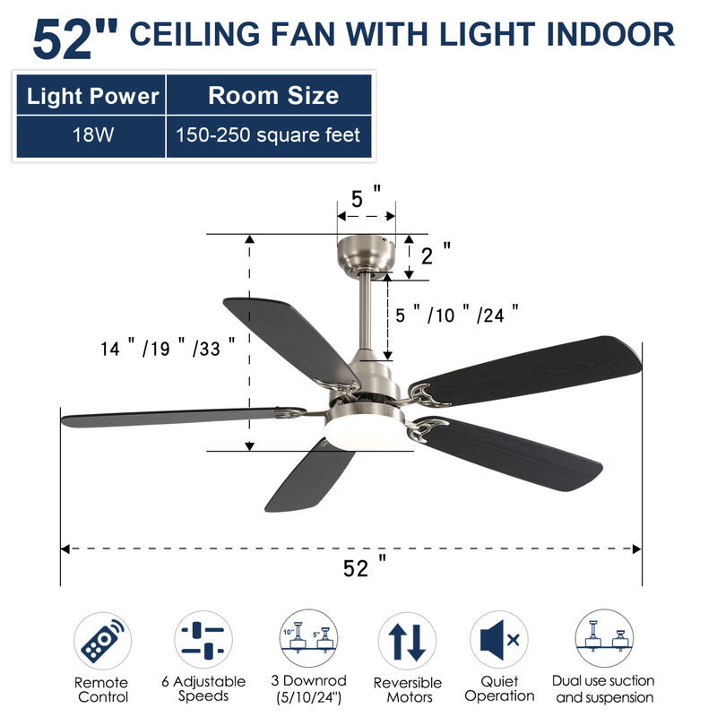 ELEMENT ACE Modern 52 Inch LED Ceiling Fan with Reversible DC Motor, Remote Control, Timer Function, and Adjustable Light image number 2