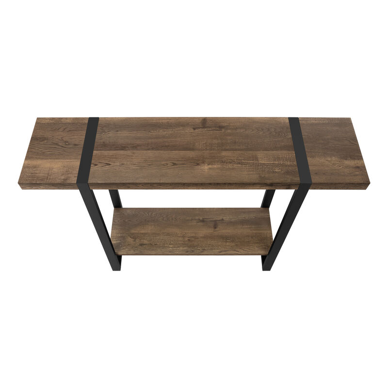 HomeRoots 47" Brown and Black Wood and Metal Distressed Sled Console Table With Shelf image number 3