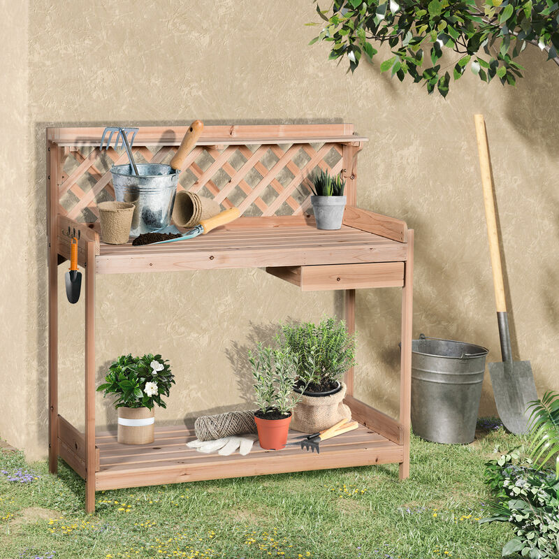 Garden Potting Bench Workstation w/ Drawer, Storage Shelf and Lattice Back