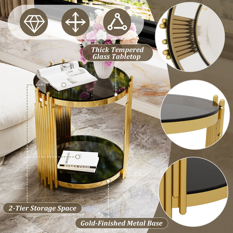 Merax Modern Mirror Round End Table Asymmetrical Metal Frame with Lower Shelf image number 3