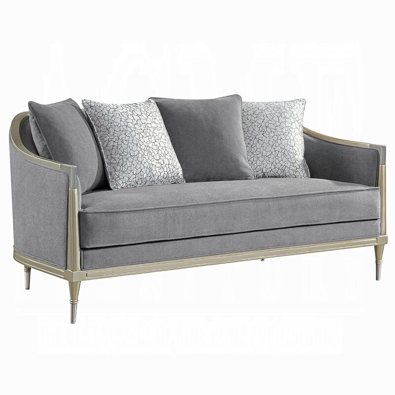Fero Loveseat with 4 Pillows, Gray Chenille, Champagne Wood Trim, 71 Inch image number 0