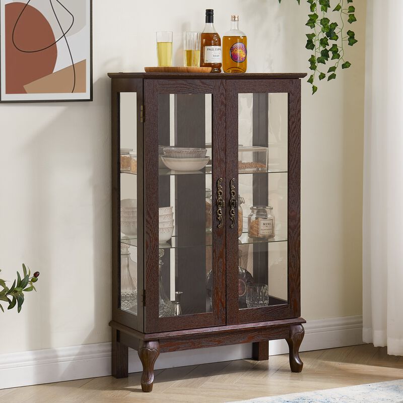 Mondawe Double Tempered Glass Door Antique Cabinet With Mirror Backboard And Adjustable Shelves