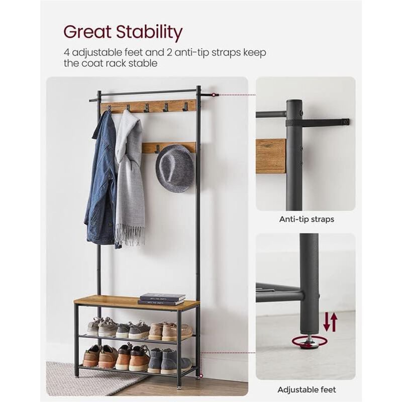 Coat Rack and Shoe Bench with Storage Shelf and Metal Frame