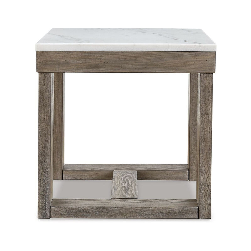 Aska Side End Table, Block Profile, Marble, 24 Inch Taupe Gray Wood