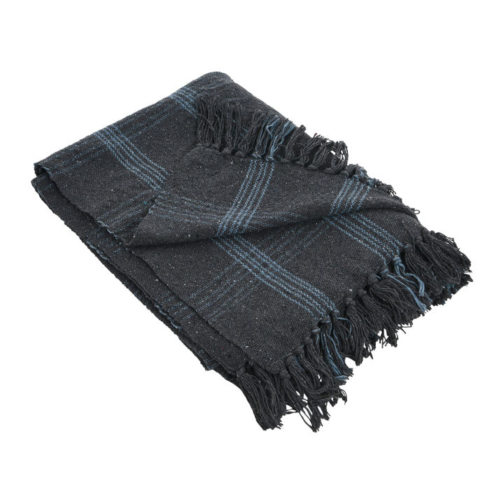 Recycled Cotton Blend Throw Blanket with Fringe, Grey Plaid